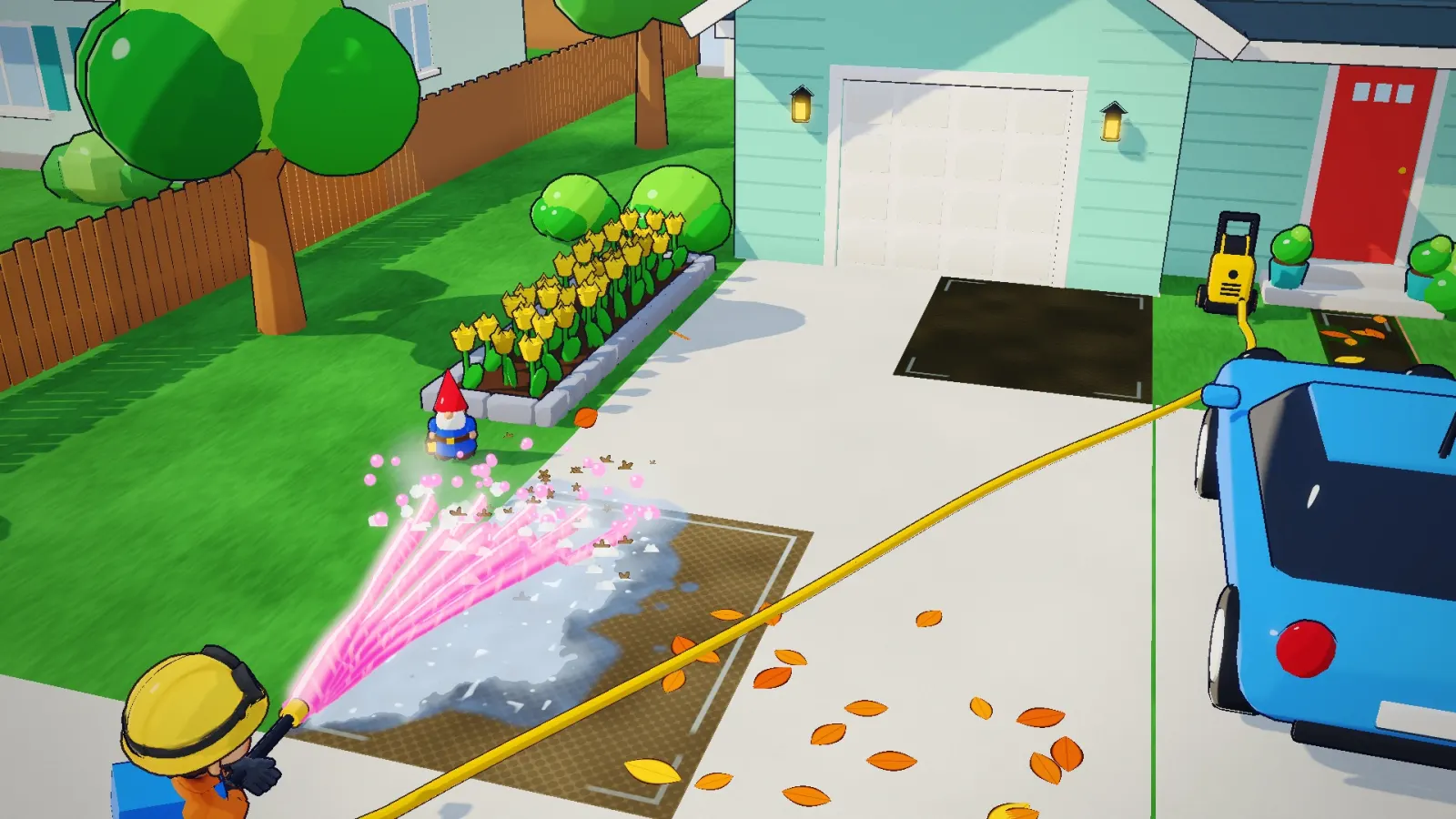 Spraying bright pink bubblegum water across a driveway