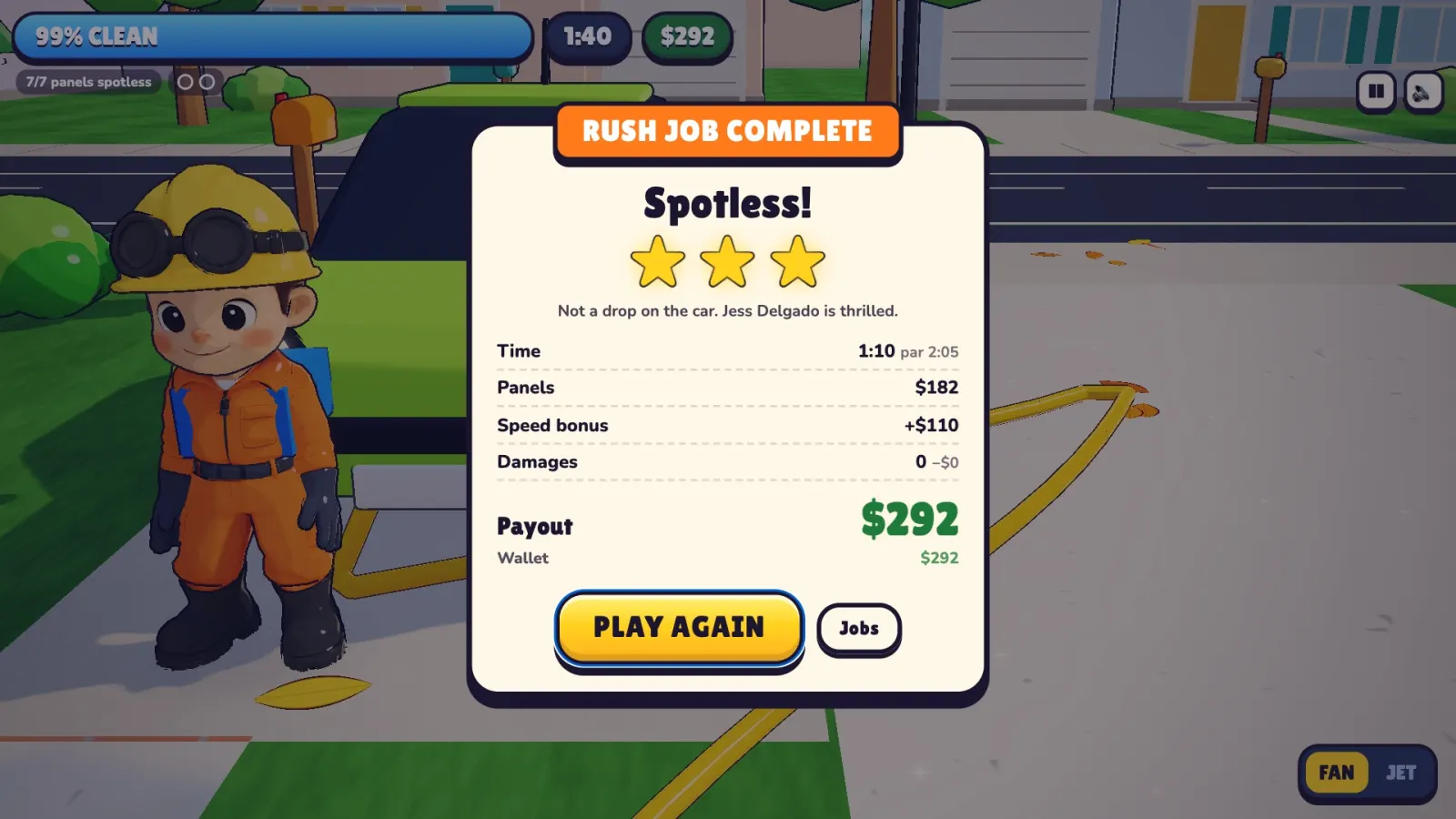 A Spotless! results card with three stars and a $292 payout